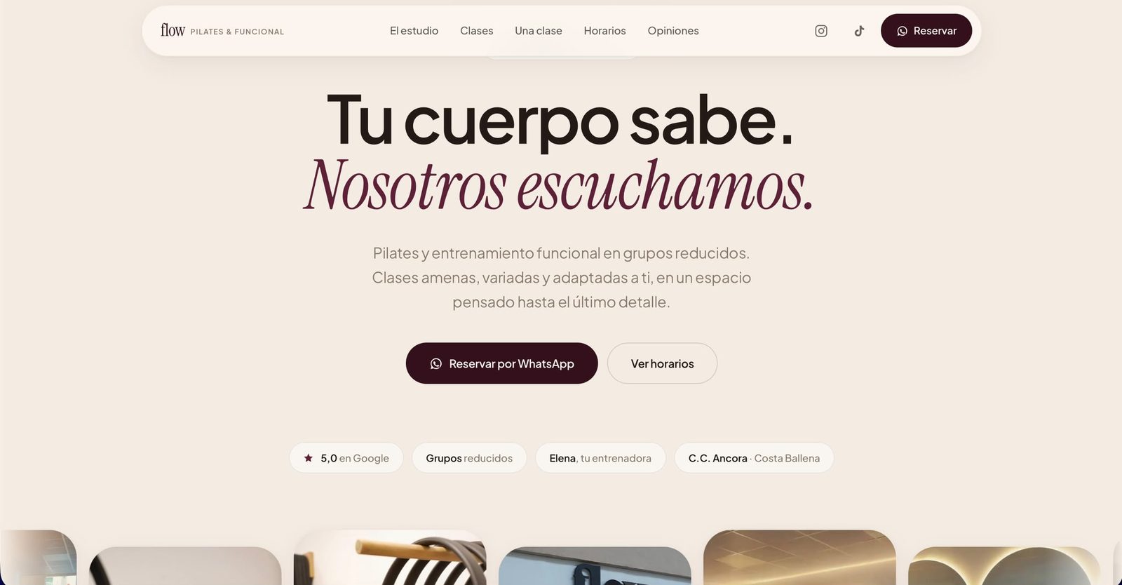 Web de estudio de pilates diseñada por MADRIDLS con reservas por WhatsApp, horarios y opiniones de Google
