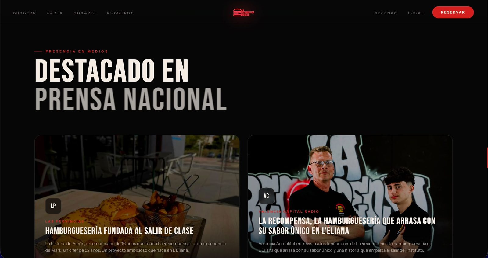 Web de hamburguesería diseñada por MADRIDLS: portada oscura con reservas online, carta y sección de prensa